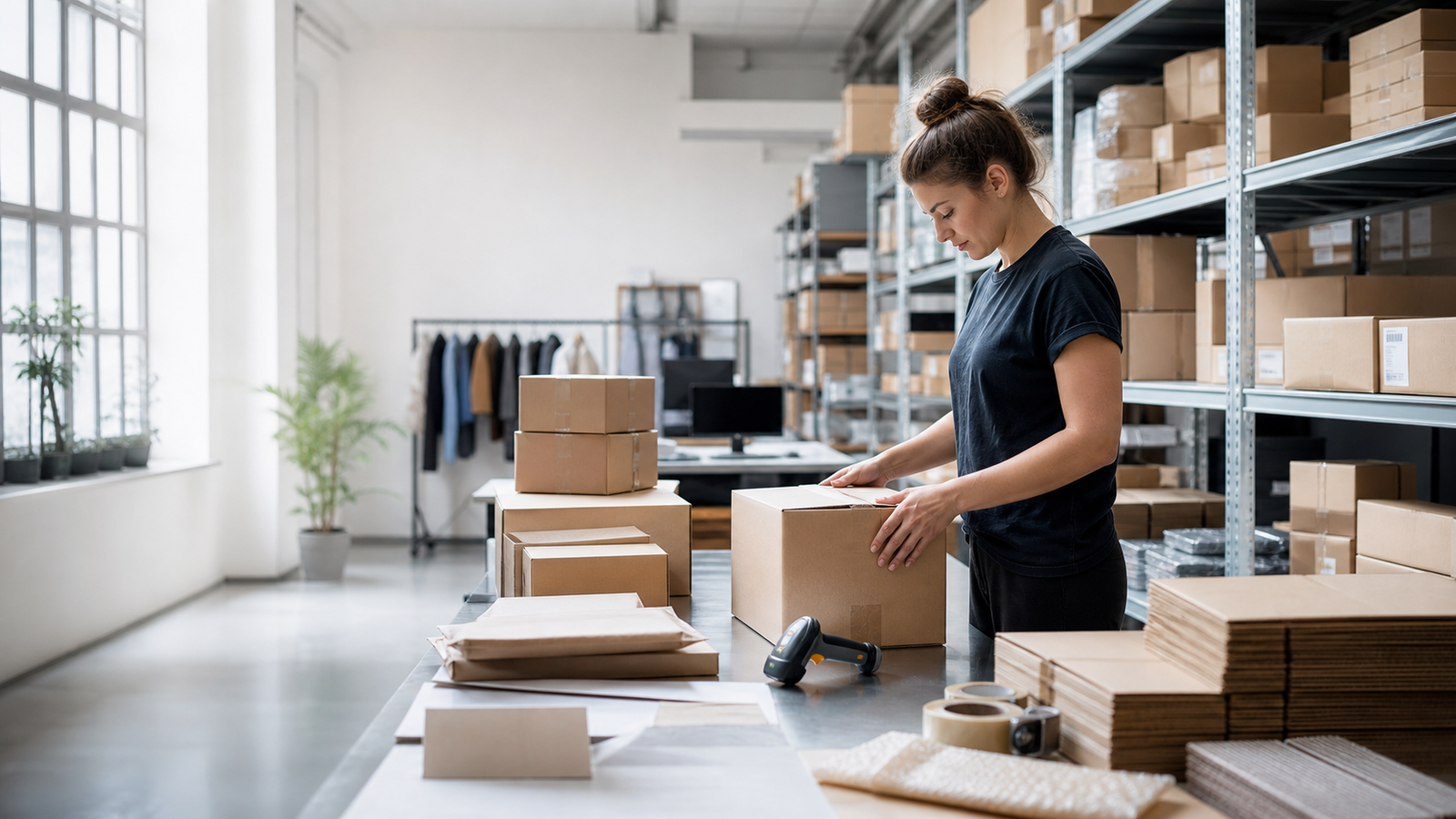 Modern fulfillment packing station with shelves, parcels, and shipping materials